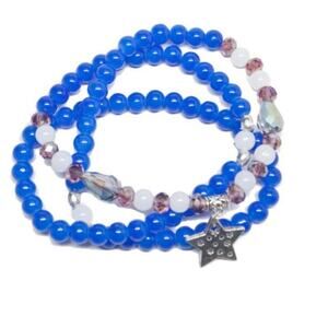 Blue Star Bead Bracelet / Necklace dark blue white purple haze silver cutouts